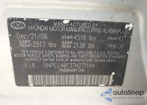 2007 Hyundai Sonata Limited/Se V6 из США, поврежденный, VIN 5NPEU46F37H271144